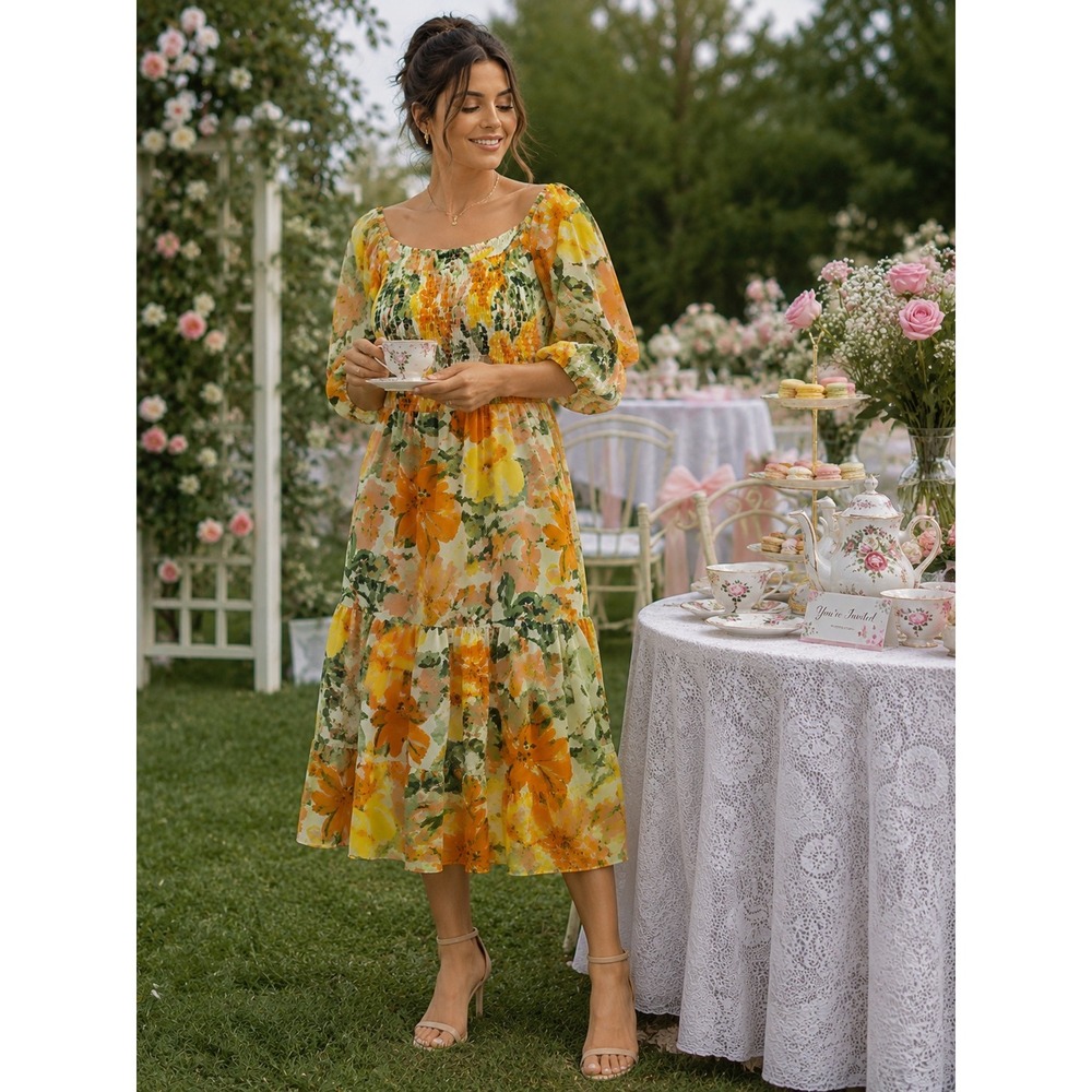Fashion Floral Smocked Midi Dress Yellow Orange Green Puff Sleeve XXL